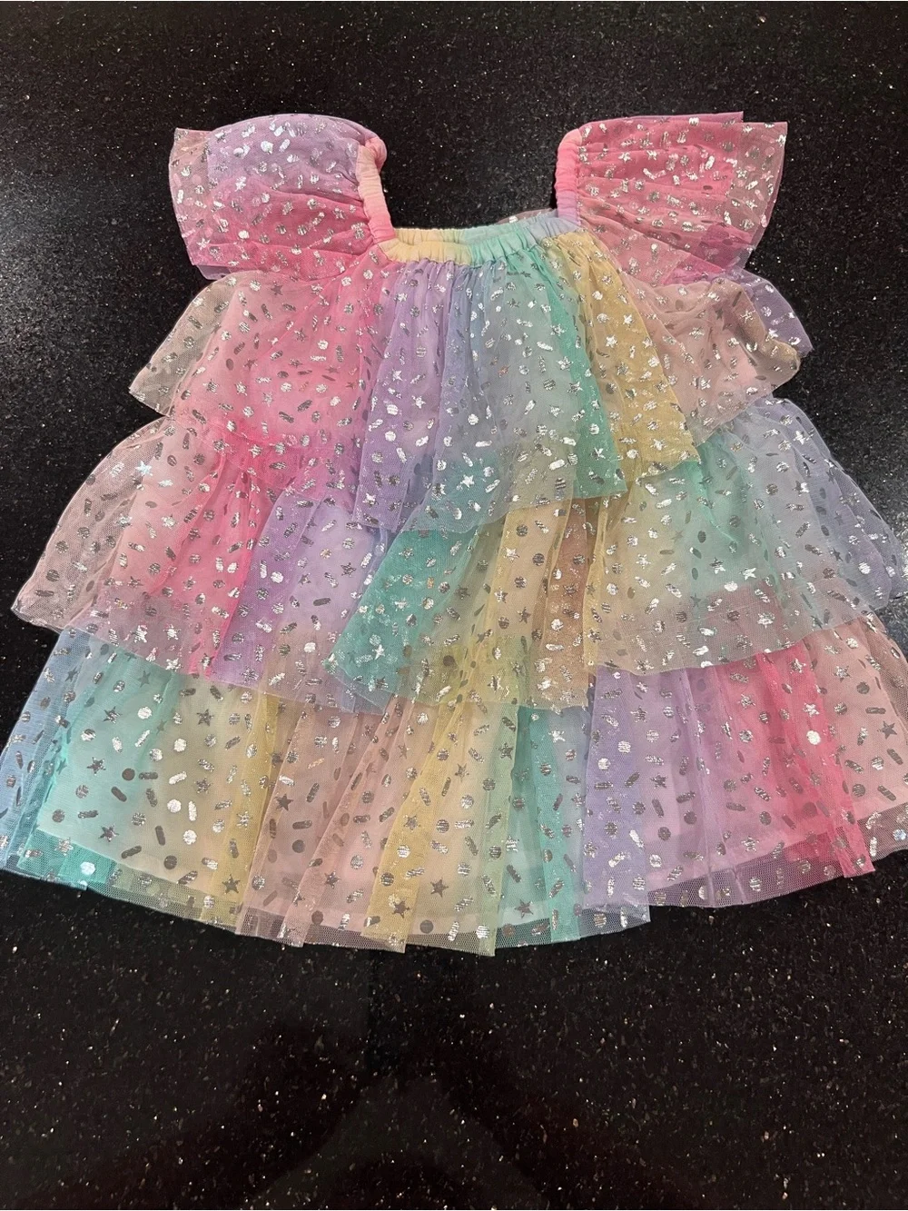 Rainbow Pastel Tutu Dress with Silver Star & Confetti Print